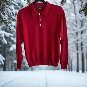 Club Room Men's Red Merino Wool Henley Polo Long Sleeve Sweater Size Medium
